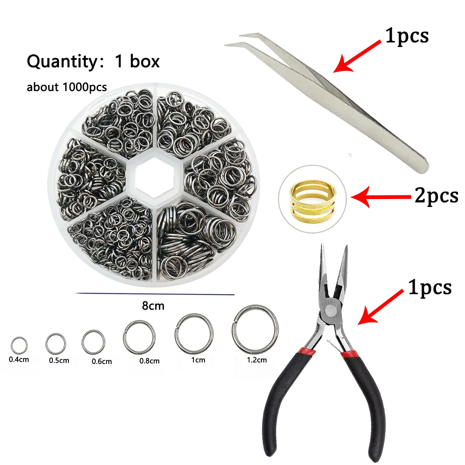 Assorted Jump Rings Set with Opening Tool for DIY Crafts - 1000 Pieces in 6 Sizes