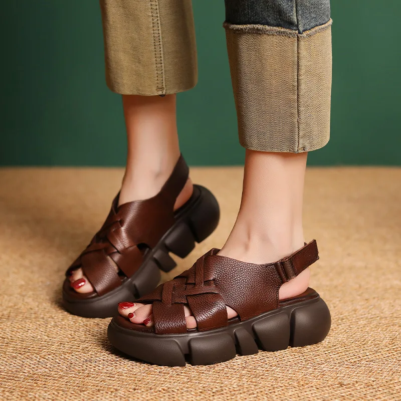 Women's Sandals New Summer 2024 Platform Open Toe Cross Weave Women's Sandals Handmade Top Layer Cowhide Women's Sandals