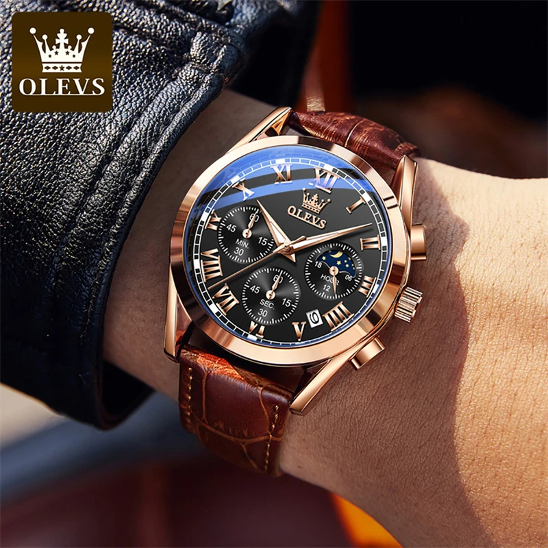 OLEVS Brand Business Mens Quartz Watch Fashion Leather Strap Sports Waterproof Chronograph Watches for Men Relogio Masculino