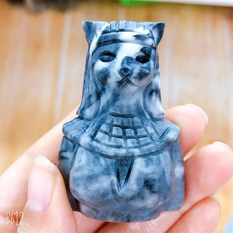 

Natural Taichi Stone Egyptian catwoman Hand Crystal Carved Figurine Energy Gemstone Crafts Home Decoration Gift 1pc