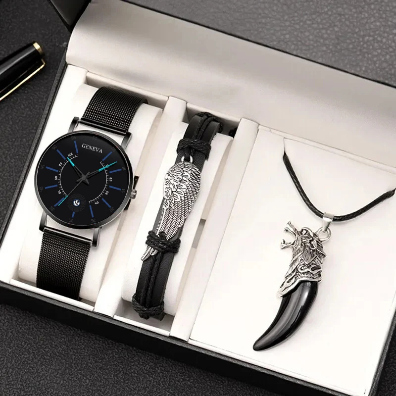 3PCS Set Fashion Mens Ultra Thin Simple Watches Men Business Casual Hand Rope Necklace Stainless Steel Mesh Belt Quartz Watch 3pcs nordic style hand woven thick cotton rope cosmetic storage box entrance lipstick snack key finishing desktop storage box