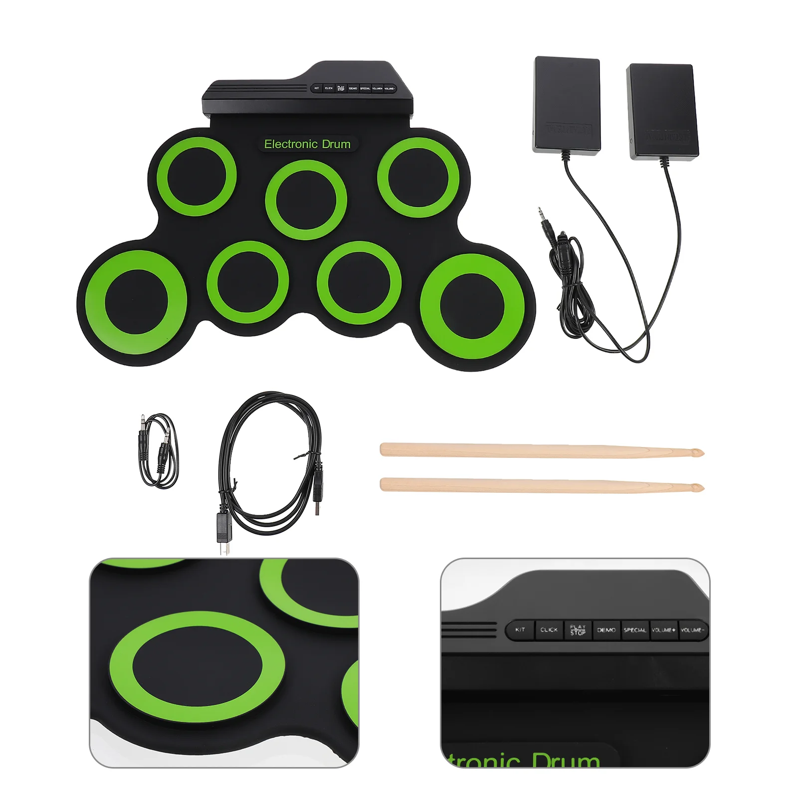 

1 комплект Портативный электронный барабанный коврик с ручным вращением USB, складной цифровой электронный барабанный коврик с барабанными палочками и педалью, USB-кабель
