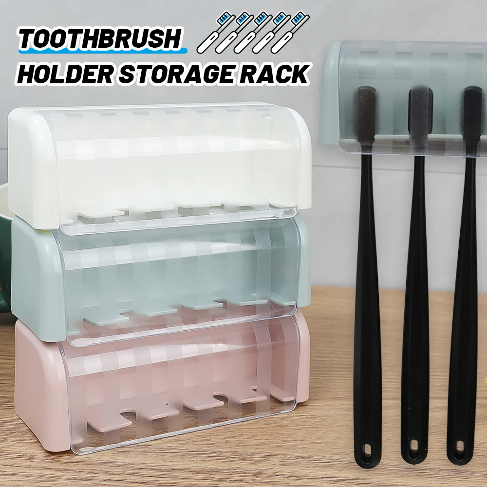Toothbrush Holder Bathroom Storage Rack Bathroom Wallmount Toothbrush Holder with Cover 5 Slots Without Drilling Home Bathroom Self Adhered Toothbrush Storage Racks