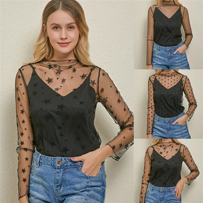 

Women's Sexy Mesh Sheer Lace Blouses Perspective Long Sleeve Stand Collar Mesh Tops Striped Polka Dot Stars Party Tee Blouses