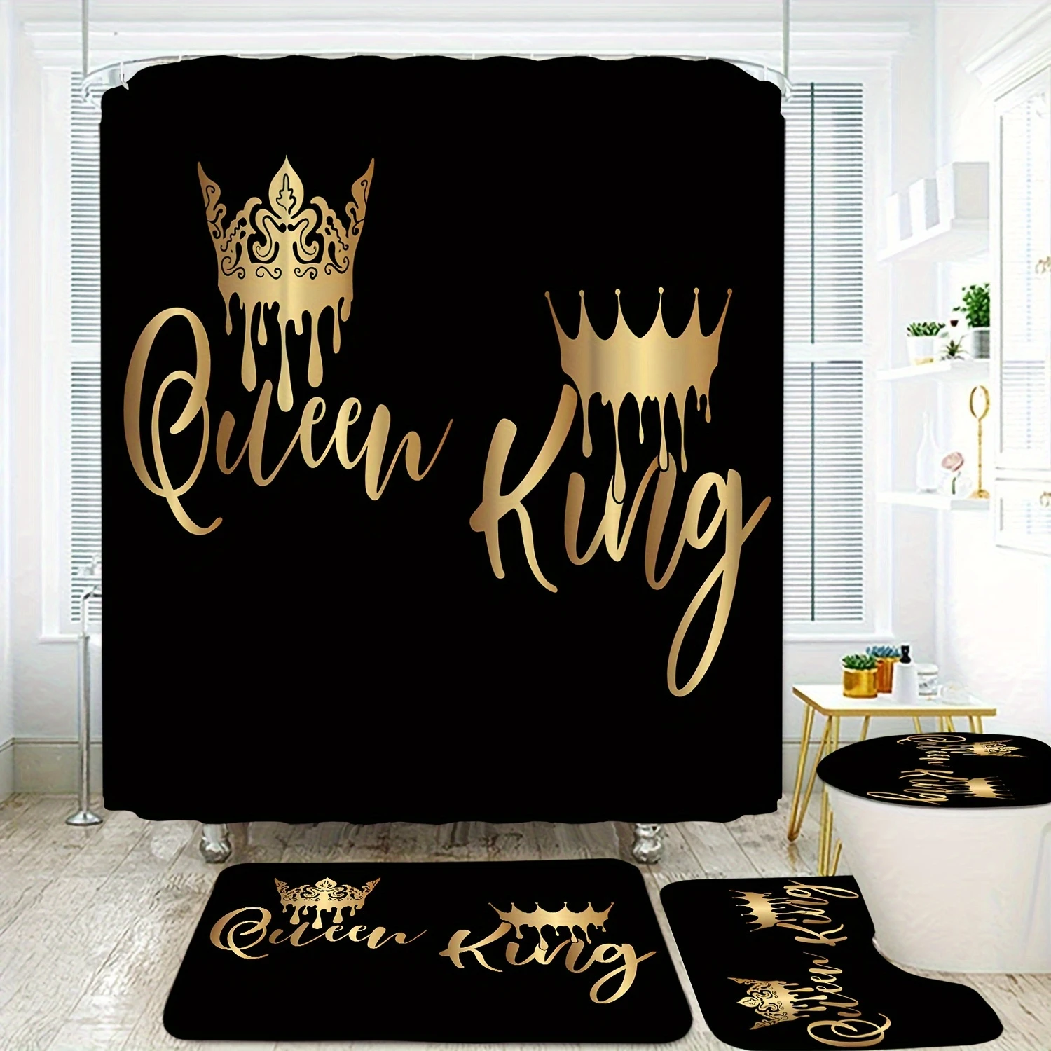 Crown Letter Pattern Shower Curtain Set, Waterproof Bath Curtain With , U-shaped Mat, Toilet Cover Mat, L-shaped Bathroom A