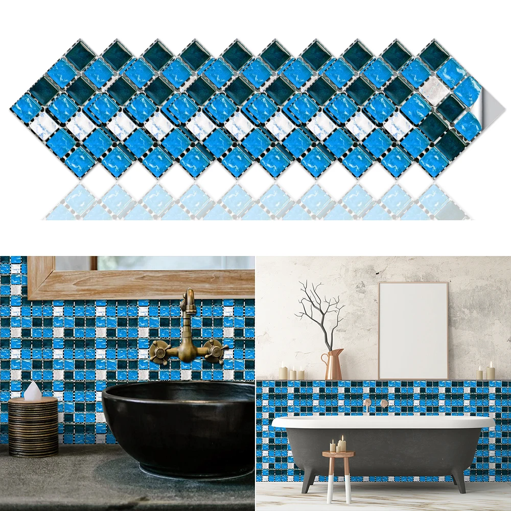 Flat Mosaic Style Tiles Sticker Kitchen Bathroom Waterproof Oilproof Art Wall Sticker Peel & Stick Surface Glossy Film 10pcs
