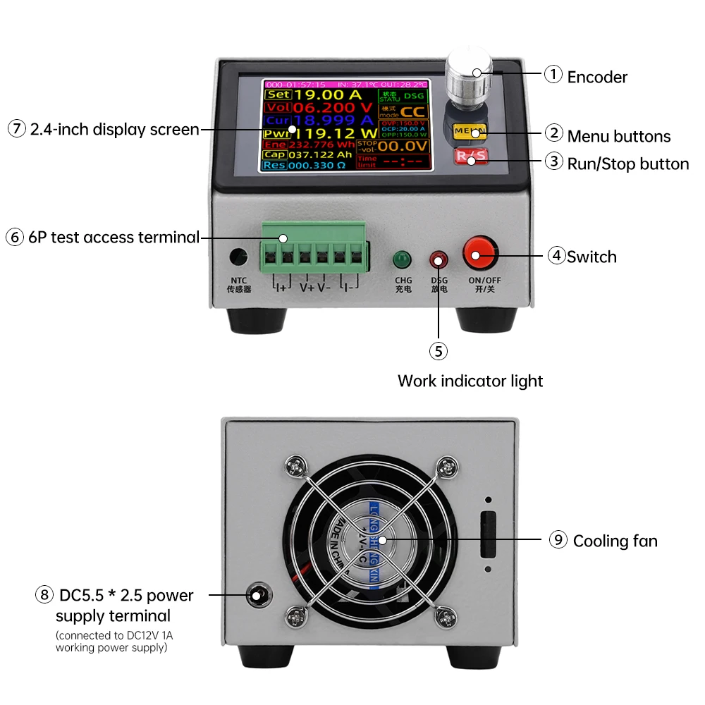 DC 12V 1A 2.4 Inch Color Screen DC Numerical Control Electronic Load Tester Constant Current Voltage 0~150V 20A 150W electronic load tester