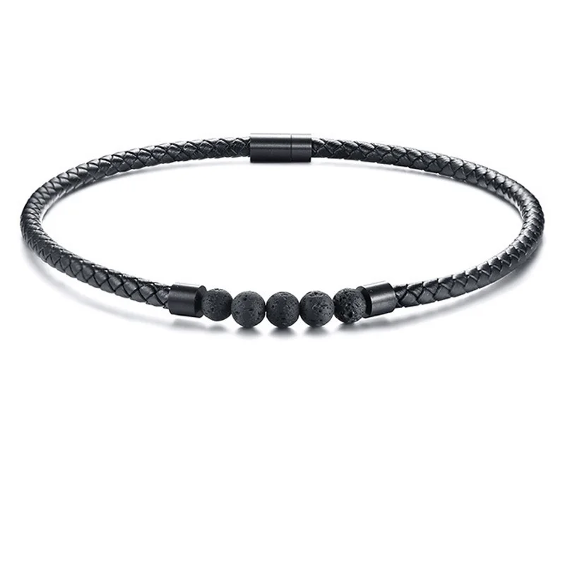 Men Necklace Leather Black Magnet Volcanic Lava Stone Choker Rock Beads Chains Necklace Women Handmade collier Dropshipping