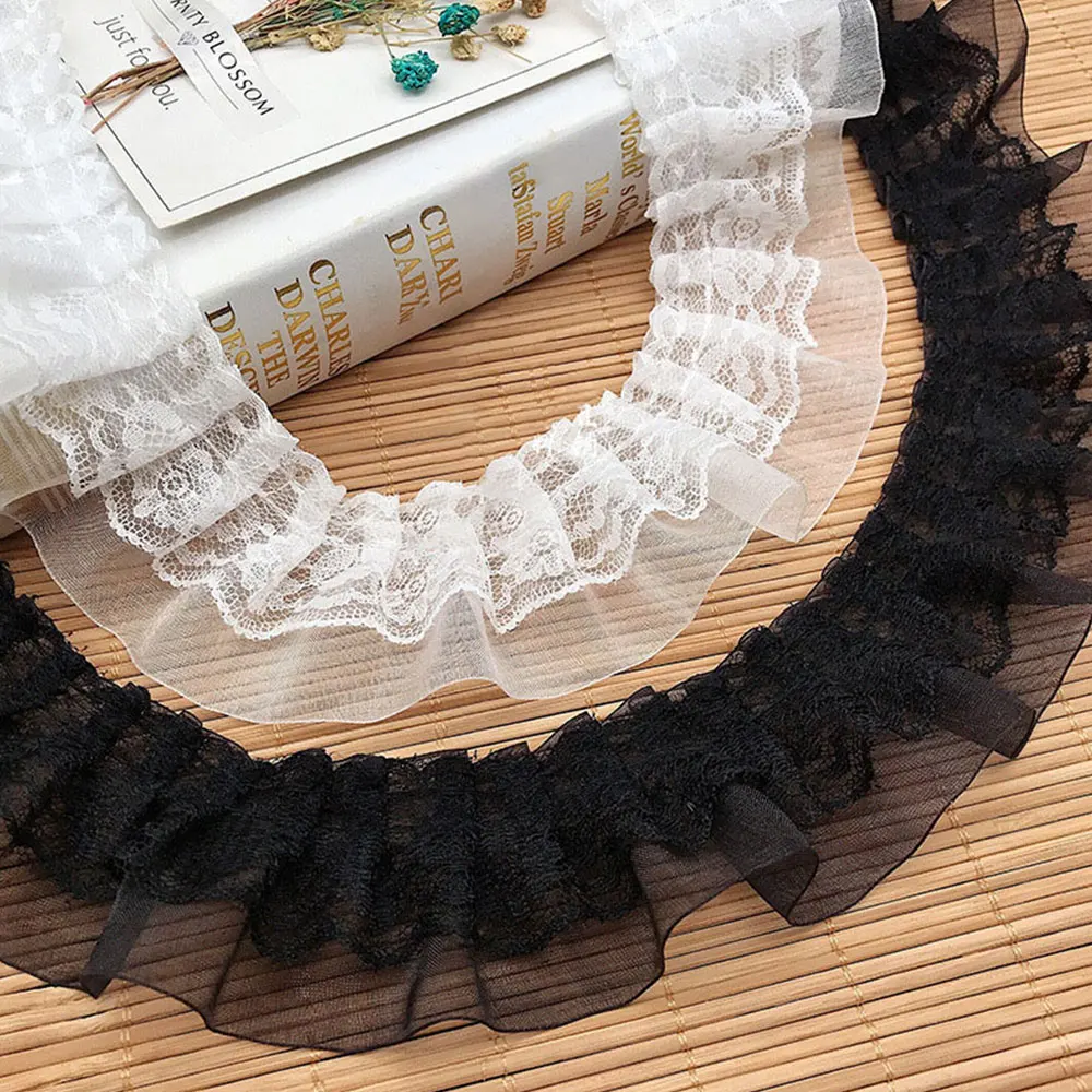 Chiffon Lace Fabric for Sewing Crafts Wedding Bridal Dress Party Clothes Decor 1.96X39.3in Double Layers Ruffled Lace Trim