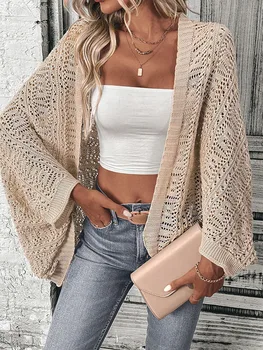 Polyester 100.00% solid color camisole knit cardigan elegant front open bat wing sleeve loose cardigan for women 1