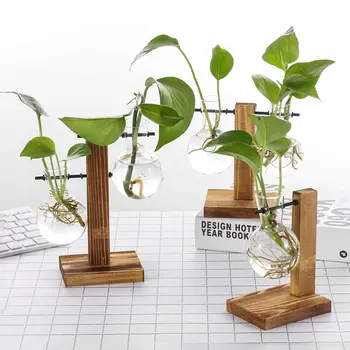 수경재배 식물 꽃병, 빈티지 유리 꽃병, 분재 화분, 테라리움 탁상 화분 트레이, 나무 프레임, 홈 데코 용품, 1PC 상품 이미지