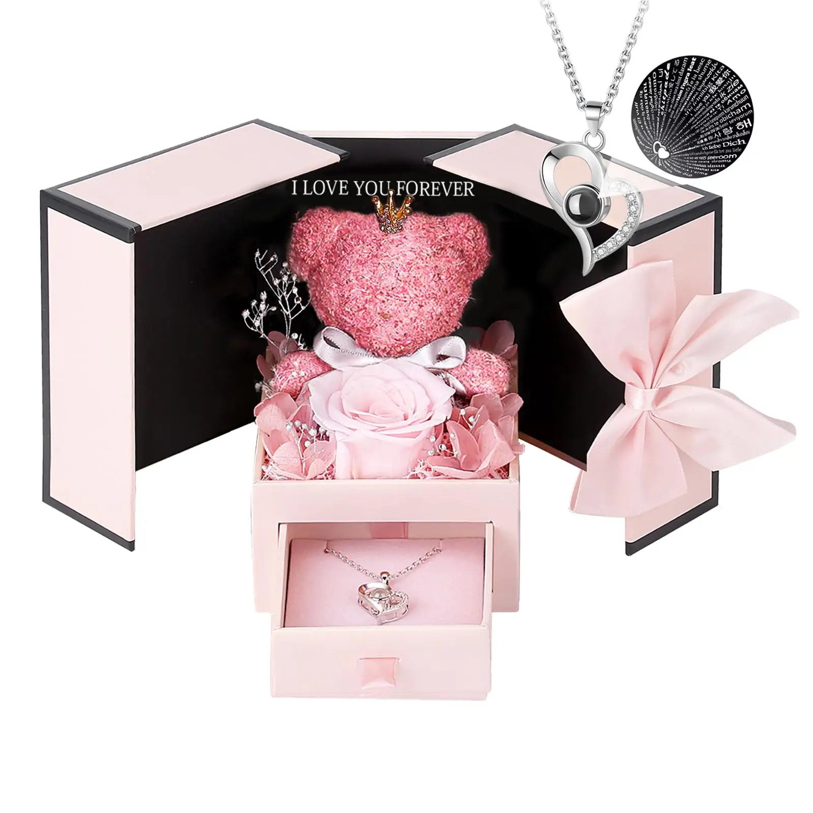 

Eternal Rose Bear Box with Necklace Projection 100 Languages I Love You Heart Pendant Jewelry Xmas Valentine's Gifts for Her Mom