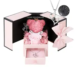 Eternal Rose Bear Box with Necklace Projection 100 Languages I Love You Heart Pendant Jewelry Mother's Day Gift for Mom Birthday