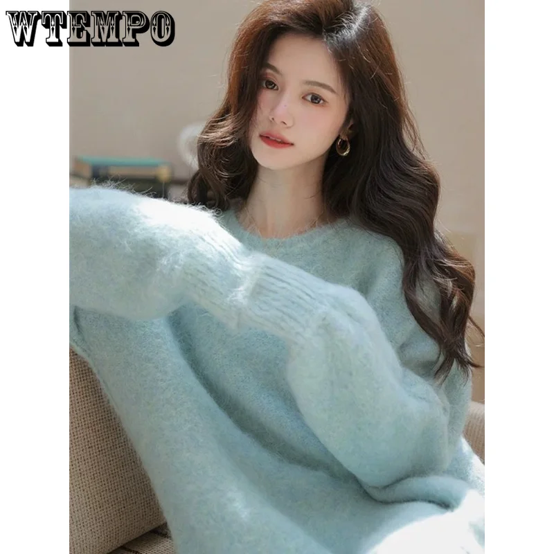 

WTEMPO Mohair Women Sweater O-neck Solid Color Pullover Loose Korean Fashion Knitwear Women's Top Winter Clothes Dropshipping