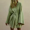 Women's Lace Up V-Neck Mini Dress 2024 Spring Long Sleeve Cotton Linen Sashes Dresses Casual Loose Kimono Cardigan Dress