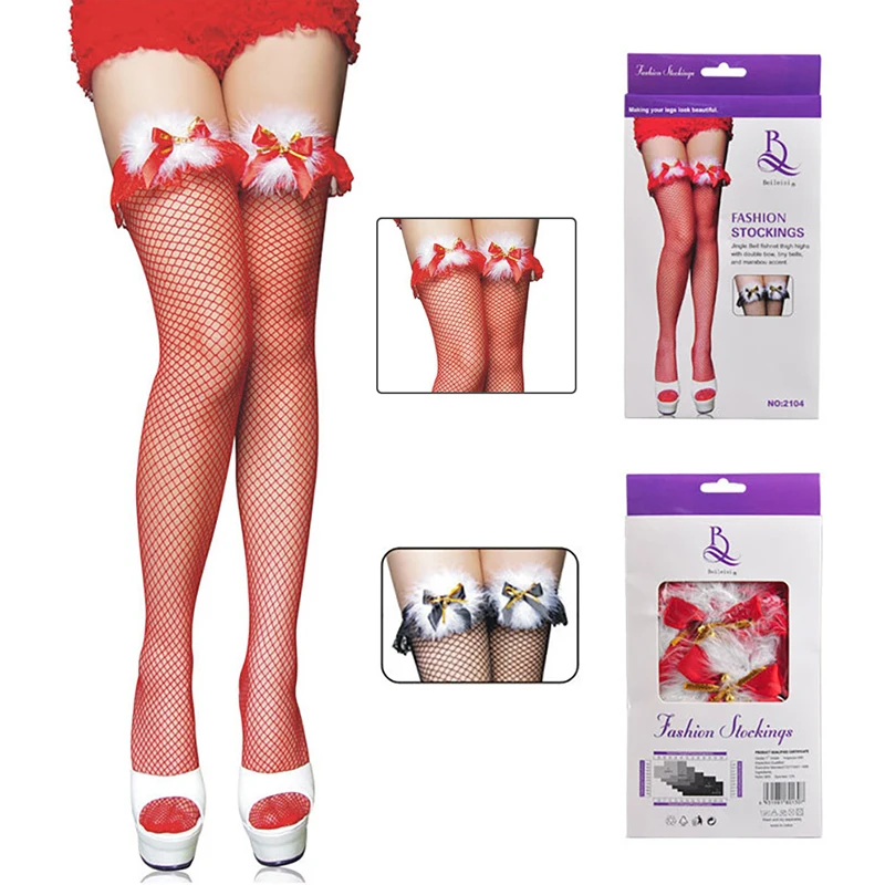 

Halloween Christmas Xmas Santa Claus Cosplay Costume Women Red Sexy Thigh Highs Fishnet Stockings Bowknot Over Knee Stockings