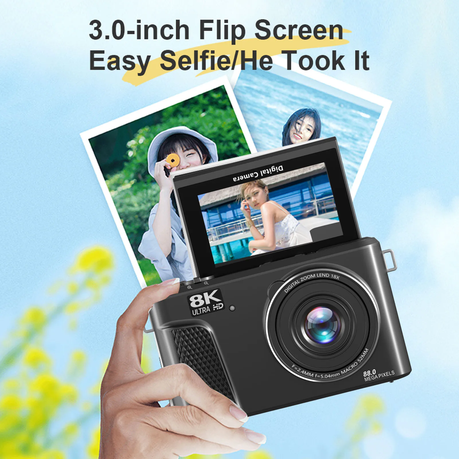 88MP 디지털 카메라 18배 줌 자동 초점 WiFi 여행용 카메라 3인치 8K 플립 스크린 전문 사진 촬영 카메라 라이브 스트리밍용