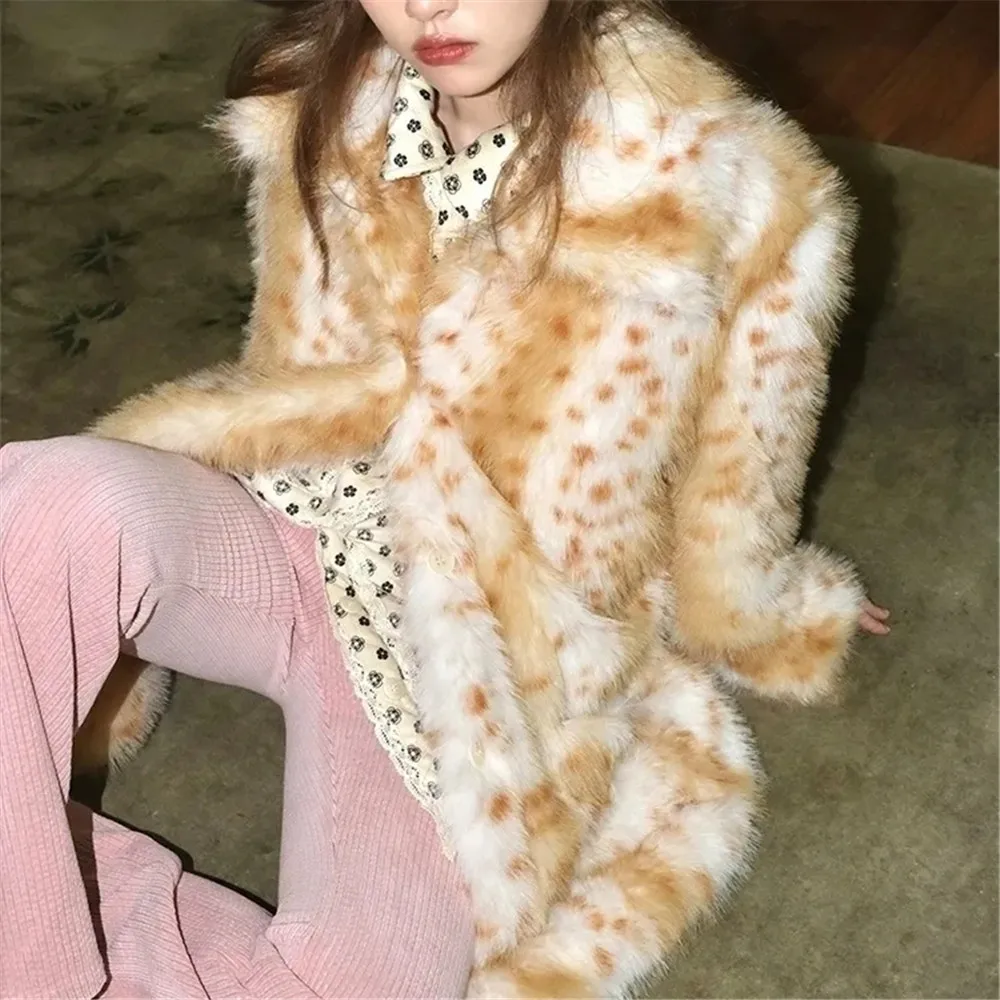 

Women's Leopard Print Imitation Fur Coat, Female Short Top, Environmental Protection, Network Red with Bobcat, New, Winter, 2023