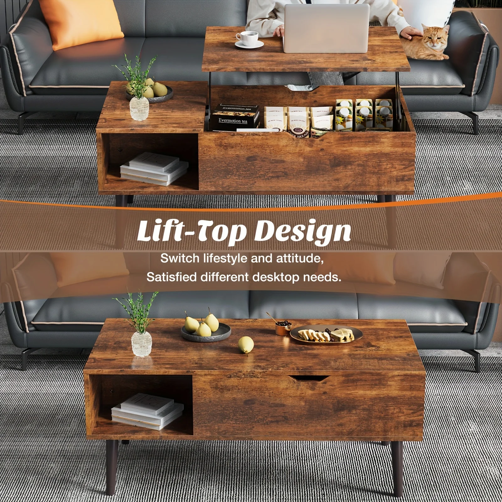 Rustic Wood Lift- Top Coffee Table with Hidden Storage, Adjustable Shelf,