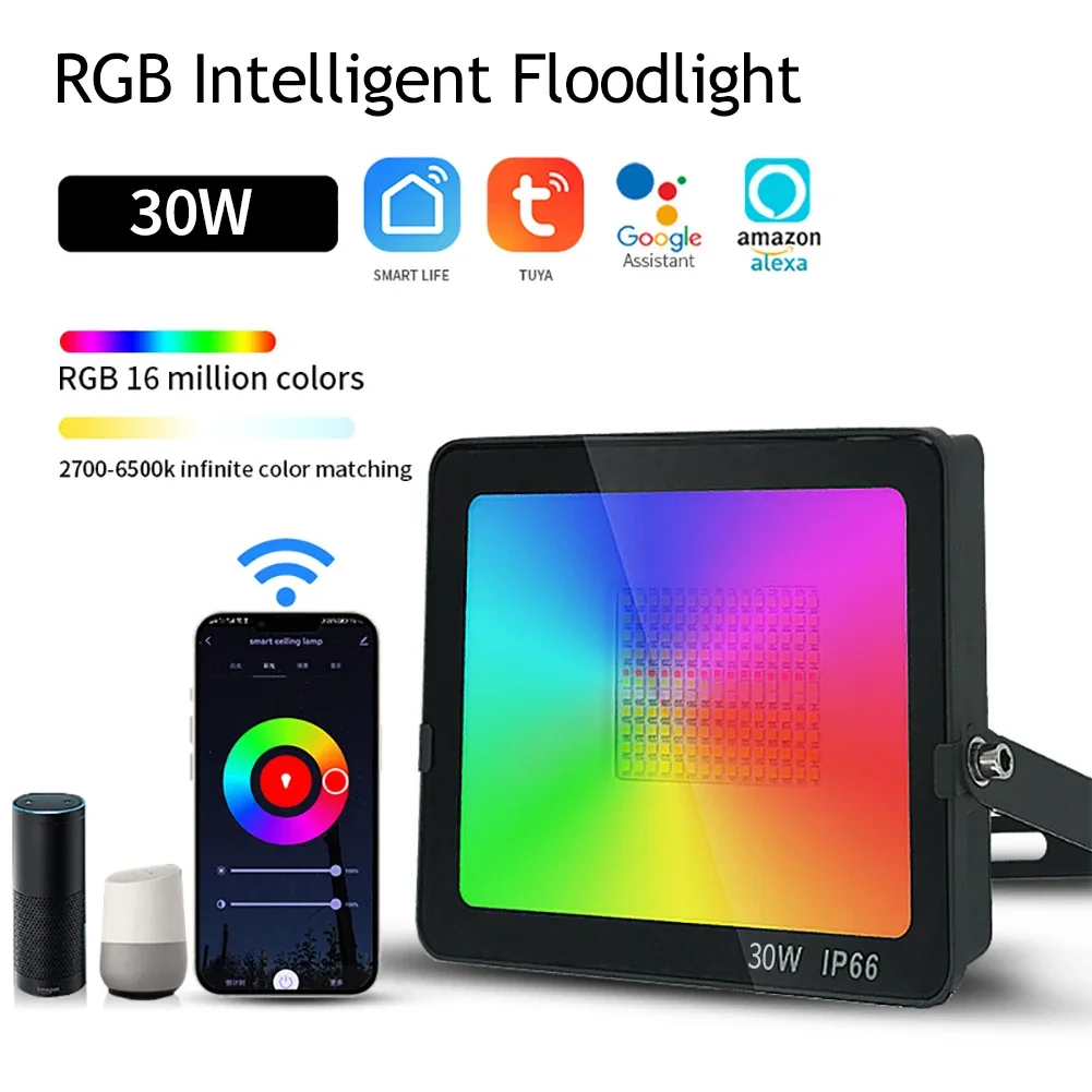 투야 지능형 RGB 스포트라이트 야외 조명, LED 220V, 30W, 50W, 100W, 음성 제어 투광 조명