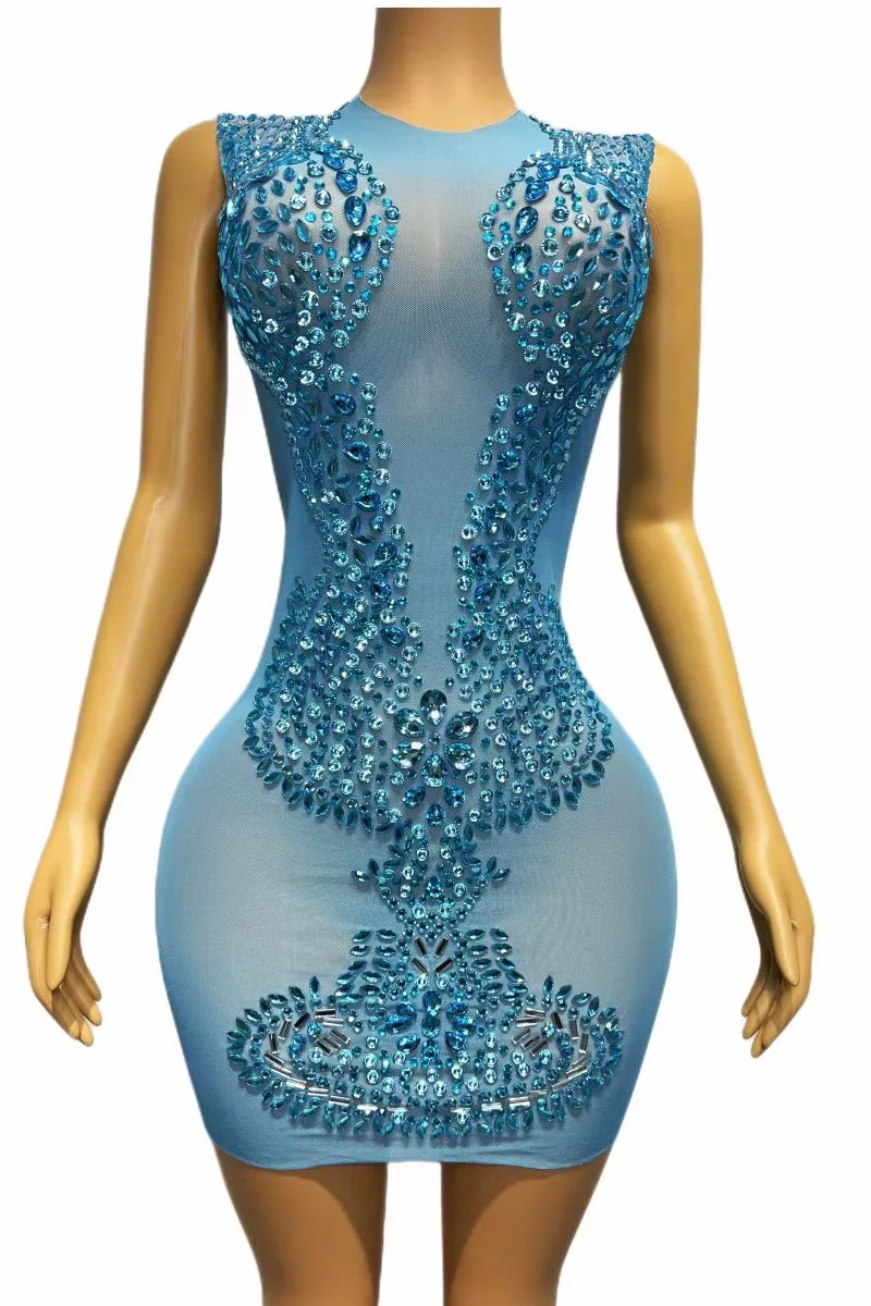 Summer Women Luxury Shiny Sky Blue Strass Stretch Sexy Tulle Prospettiva Wrap Hip Dress Party Dress Performance Costume
