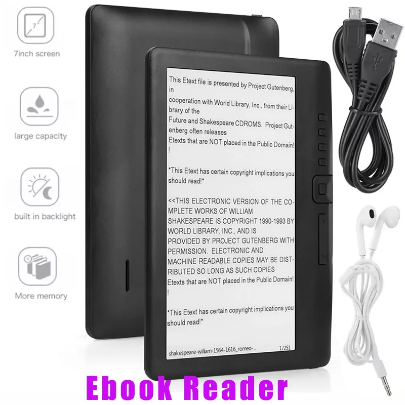 7inch Portable EBook Reader Support TF Card e-Book Readers with 800 * 480 Color Screen Electronic Book 512M+4GB/8GB/10GB reader