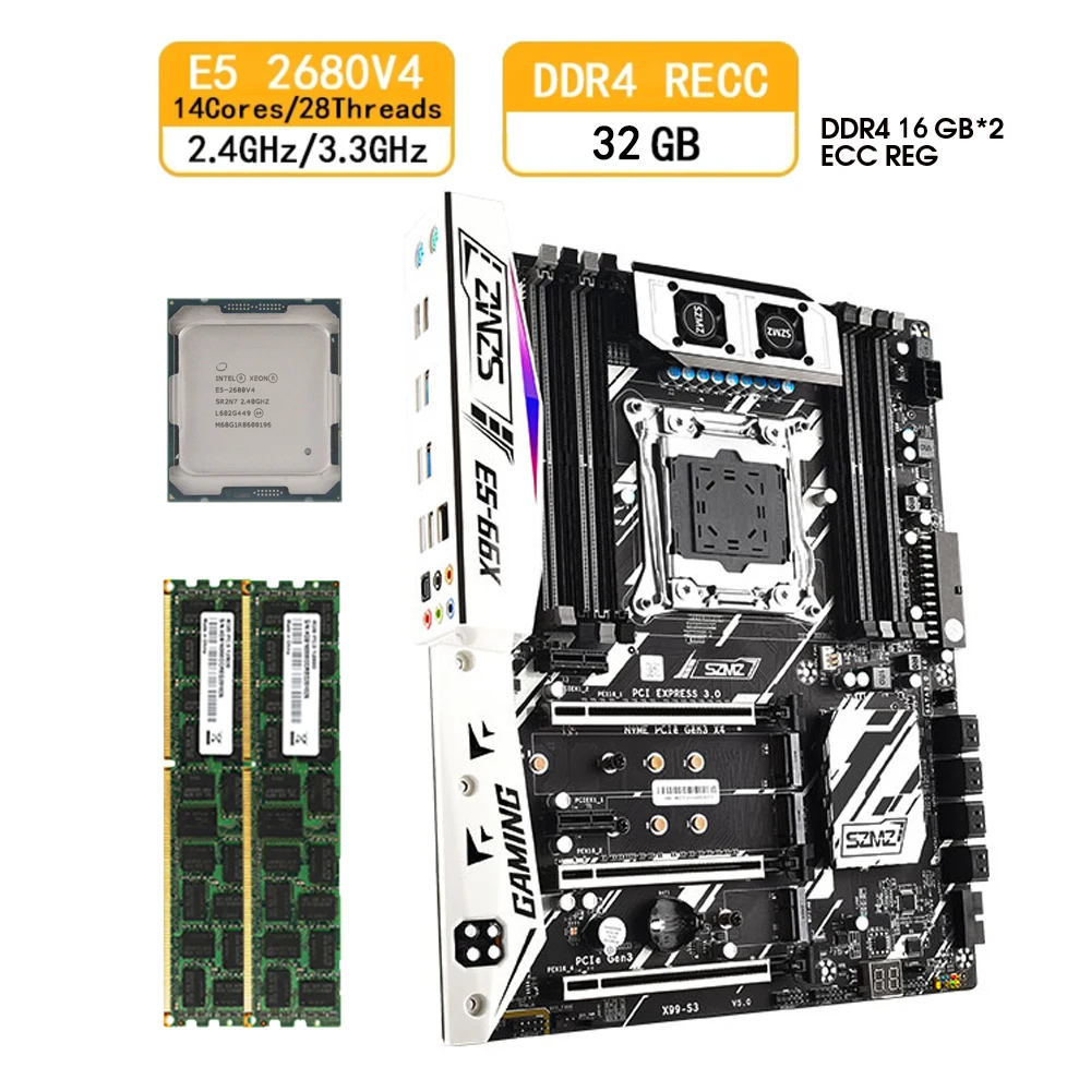 X99 Motherboard Set E5 2680 V4 Processor LGA 2011-3 Kit With 2X16=32GB DDR4 ECC RAM Support NVME M.2