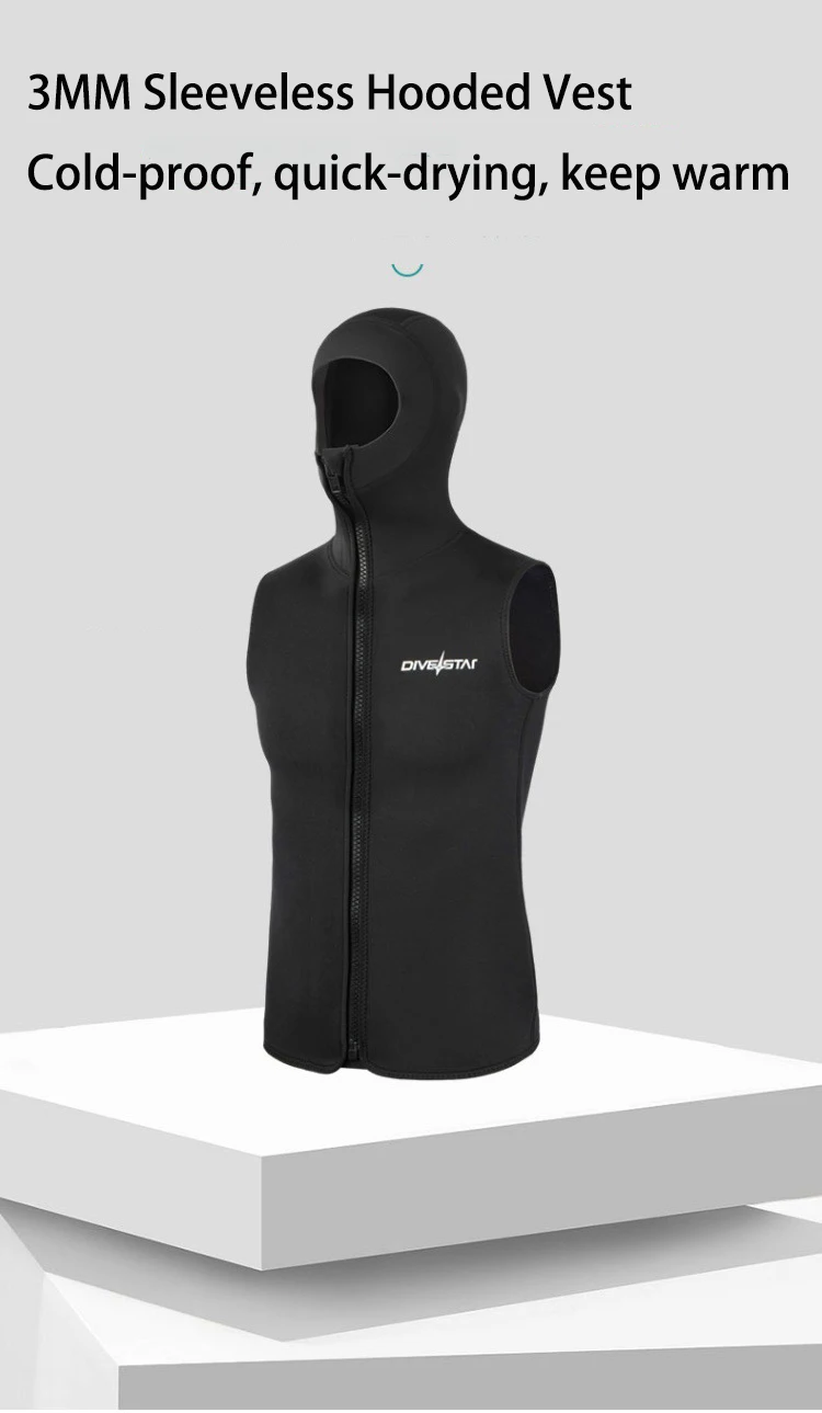 Description Picture 2 of item3MM Neoprene Men's Thermal Diving Vest with Hood Sleeveless Surfing Wetsuit Jacket Split Waterproof Scuba Diving Top Keep Warm