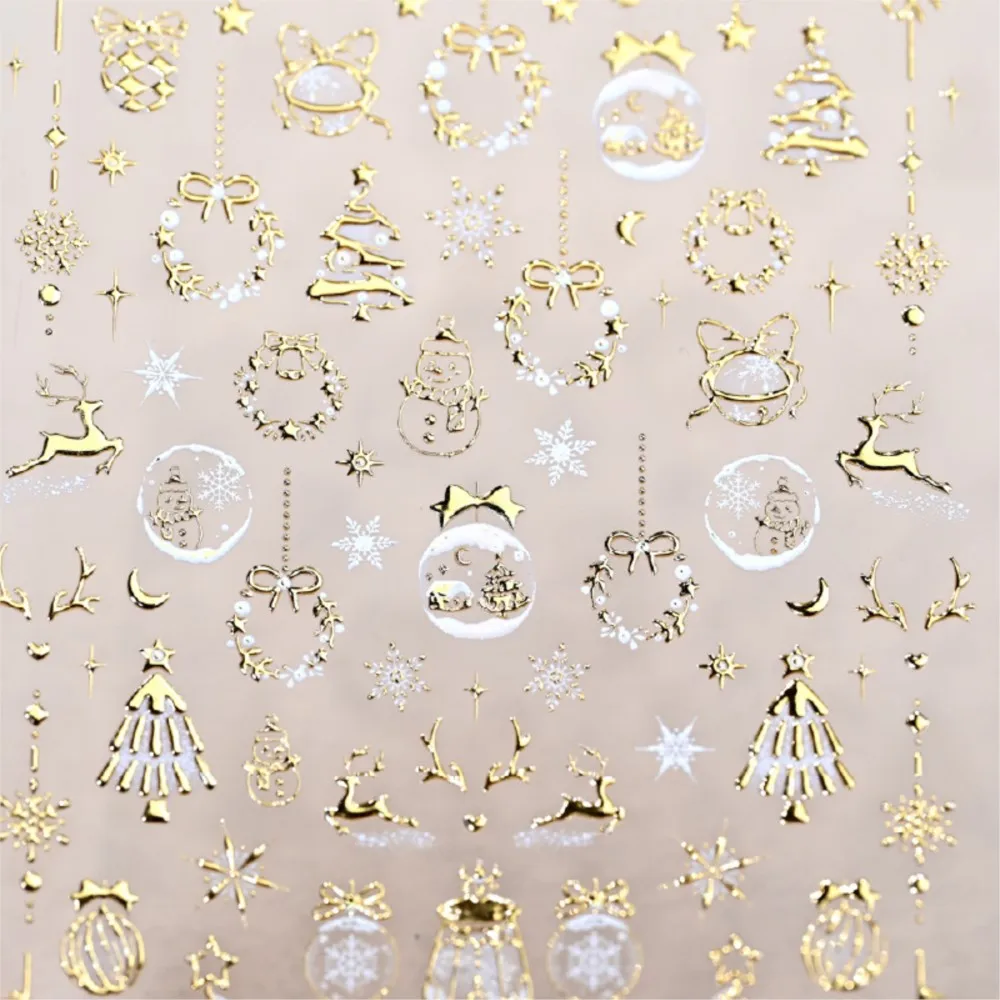 5D Embossed Gold Christmas Crystal Ball Wreath Nail Sticker Shiny Bronzing Snowflake Snowman Nail Decals Xmas Decor 1pcs #7