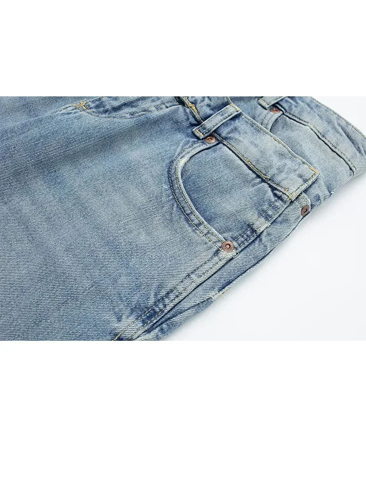 HH TRAF 2023 Woman Fashion High Waist Jeans Vintage Spring Casual Street Slim Patchwork Denim Trousers Women Wide Leg Long Pants