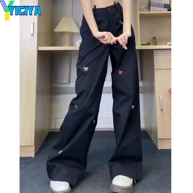 

YICIYA y2k style Bow embroidery Pants black STRAIGHT Women Full Length baggy long cargo pant high street New outfits trousers