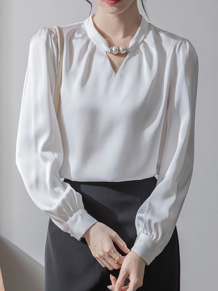 

QOERLIN French Hanging Neck Beaded Women White Shirts 2024 New Spring Fall Pullovers Temperament Satin Commuter Tops Long Sleeve