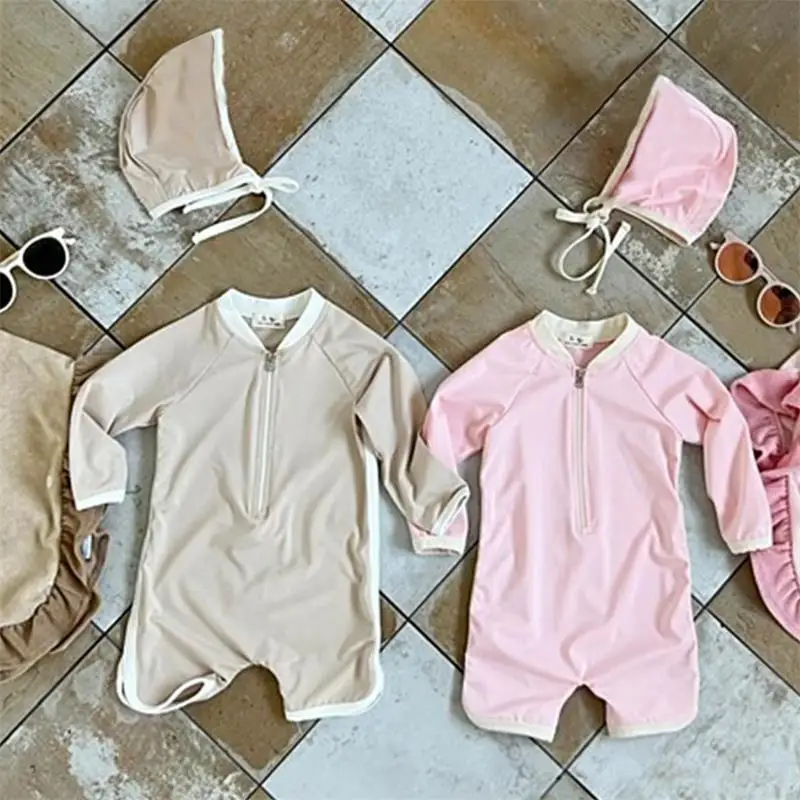 Kids swimsuits Korean Style New Children Girls Boys Swimsuit One Piece Long Sleeve Sunscreen Swimwear Infant Swimming Clothing