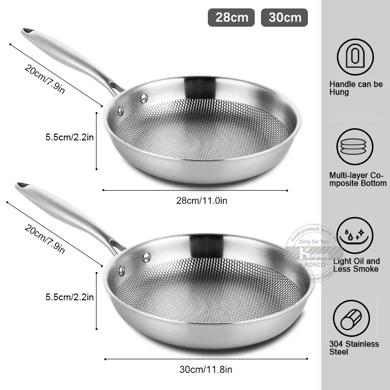 28/30cm Frying Pan 304 Stainless Steel Skillet Non-stick Pan NO-coating Eggs Steak Frying Pot Use Gas and Induction Stove