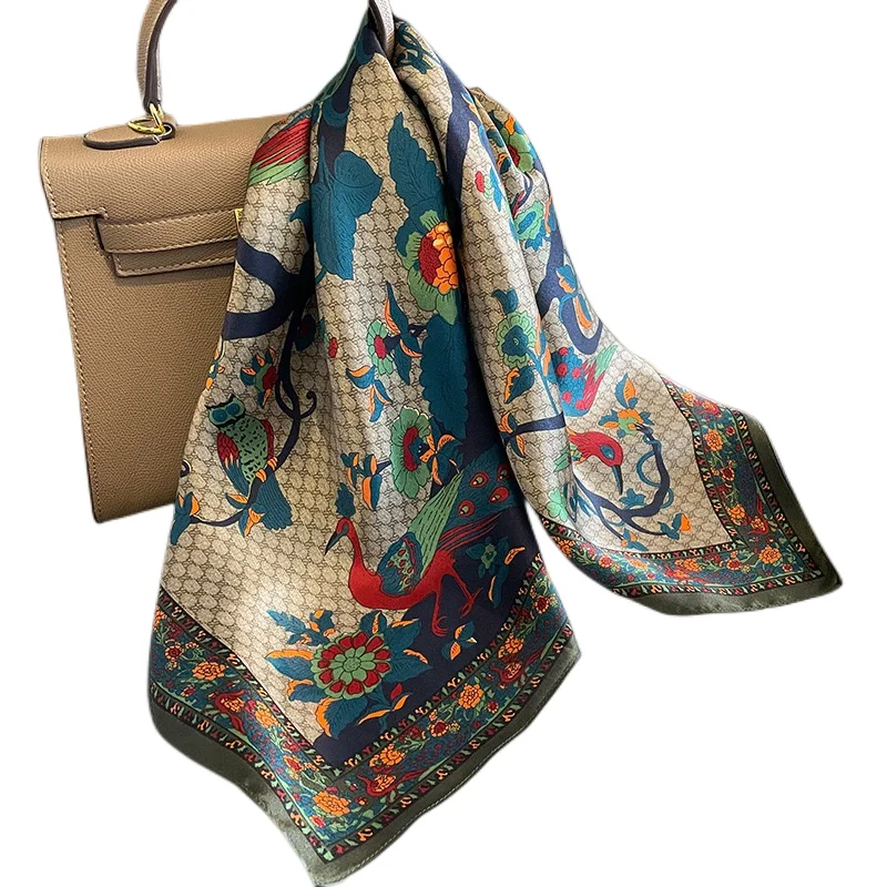 New 100% Nature Silk Square Scarf for Women Retro Floral Print Neckerchief Hairband Foulard Lady Kerchief Bag Ribbons Headband 6