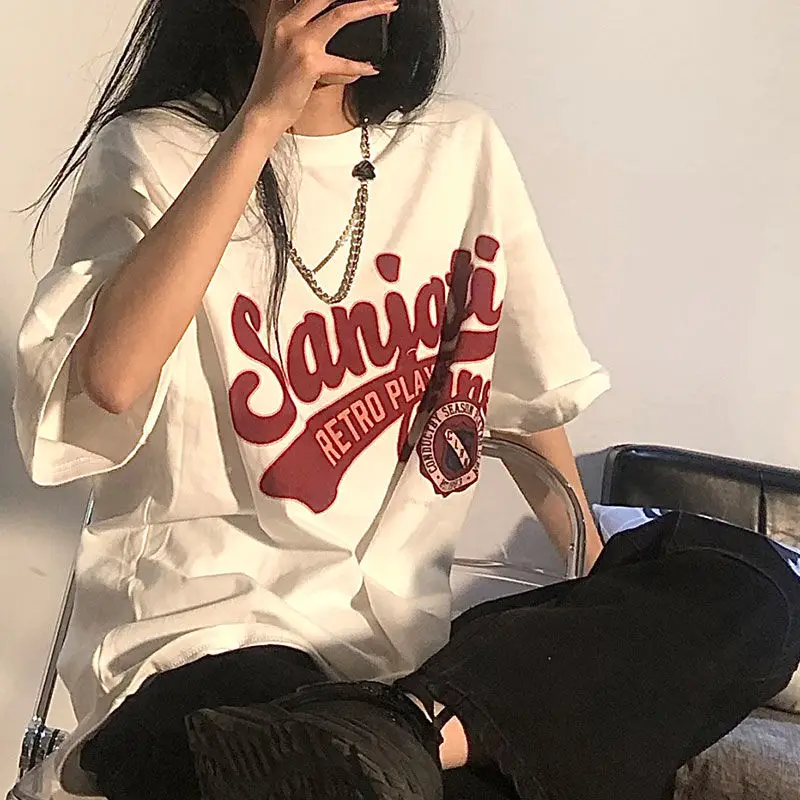 Women's Vintage White T Shirt Short Sleeve Harajuku Tees Streetwear Korean Top Oversized Loose Y2k Summer Fashion 4