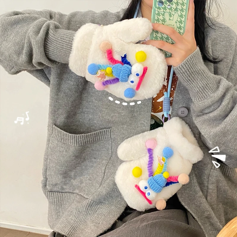 Thick Plush Gloves Winter Cold Proof Warm Outdoor Hanger Glove Cartoon Bear Wrap Finger Mittens Christmas Gifts Earmuff Korea