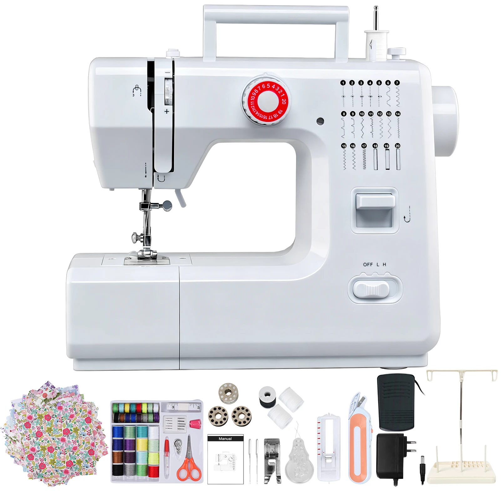 618 Sewing Machine 20 Stitches Electric Sewing Machine With 42pcs Sewing Kit 25pcs Patchwork+Thread Holder Foot Automatic Winding Design EU