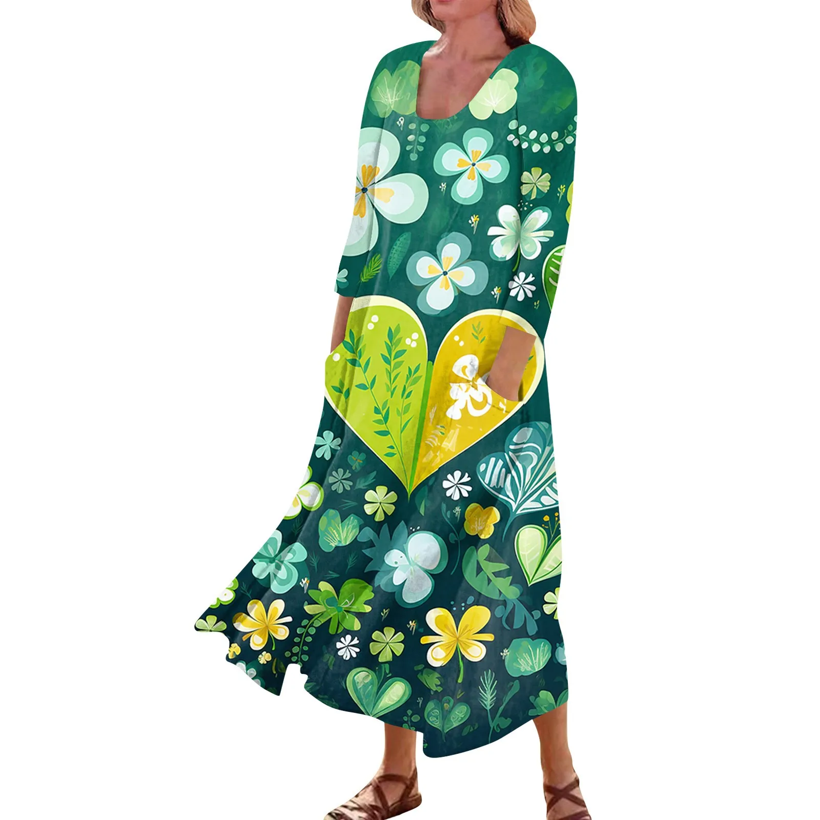 

Платье с принтом клевера, женские платья с завышенной талией, зеленое платье в Ирландском стиле на День Святого Патрика, Дамское ретро-платье с длинным рукавом