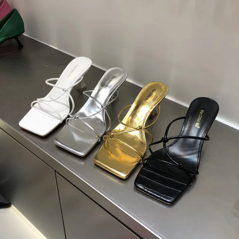 

2022 New Summer Women Gold White Slipper Thin High Heel Ladies Elegant Sandal Shoes Narrow Band Weave Slides Outdoor Beach Flip
