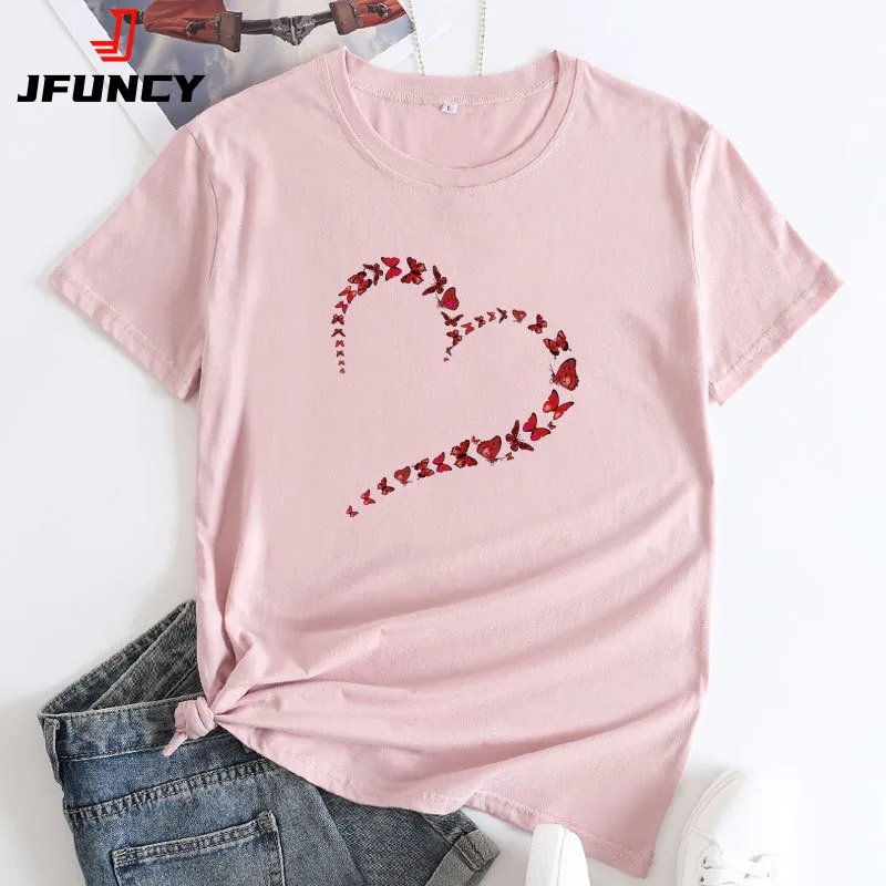 

JFUNCY Women Summer T Shirt Woman Short Sleeve Tops Butterfly Print Harajuku Tshirt Casual Loose Female Cotton Tees