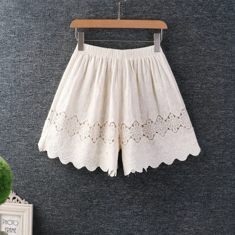 Summer Mori Girl Hollow Out Sweet Lace Embroidery Shorts Women Casual Loose Cotton Shorts White Beige