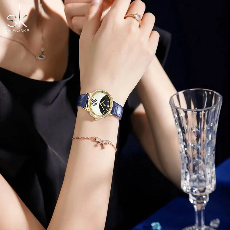 Shengke Leather Strap Ladies Watches Fashion Diamond Woman's Quartz Wristwatches Top Luxury Girl's Gift Clock SK Montre Feminino