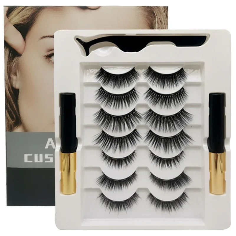 

7 Pairs Magnetic Eyelashes With Liquid Eyeliner And False Artificial Eyelash Natural Tweezers Lashes Tools Makeup Hand