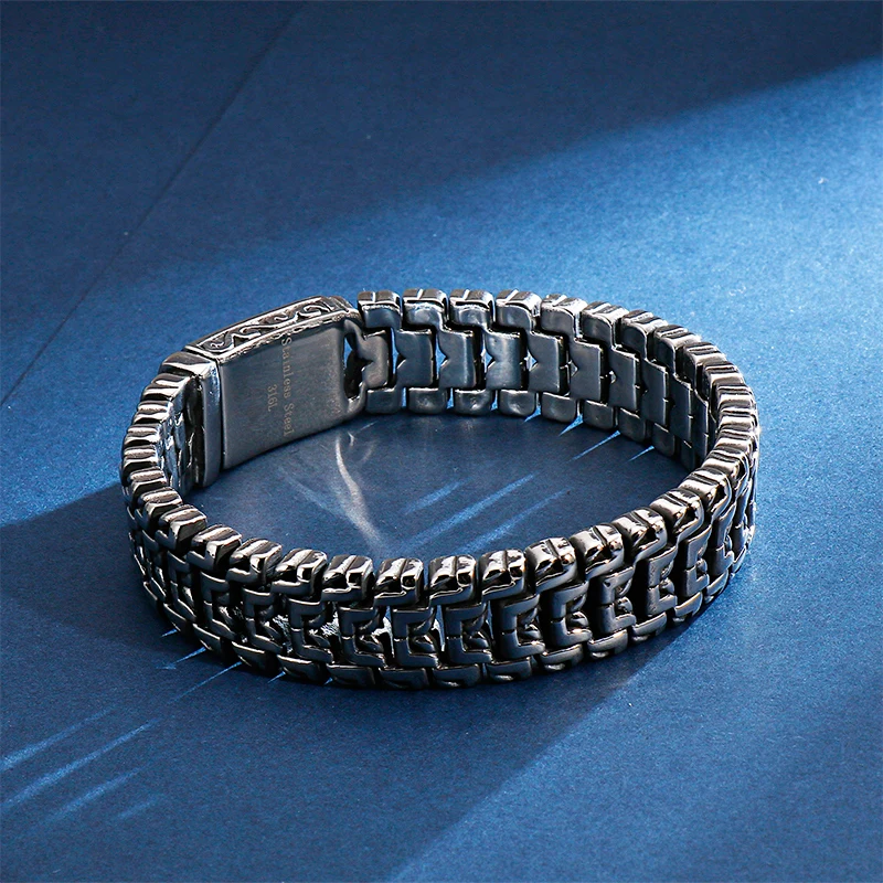 Fongten Men Charms Bracelet Stainless Steel Link Chain Shiny Bangle Bracelets Men Hip Hop Silver Color Heavy Jewelry