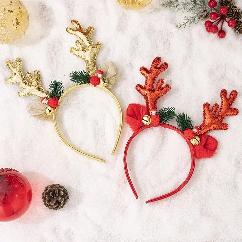 Christmas Elk Bell Headband Deer Antlers Hair Dress Xmas Pine Needles Headwear Merry Christmas Photo Prop Happy New Year