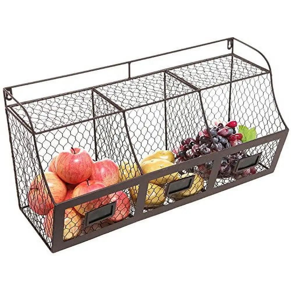 

3 Compartment Wall Mount Metal Storage Basket Large Kitchen Hanging Metal Fruit Baskets Wire Organizer Produce Basket Rack