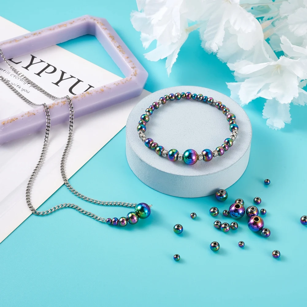 Kissitty 80Pcs/Box Round Rack Plating Rainbow Color Stainless Steel Beads For Bracelet Necklace Earring Jewelry Making Gift