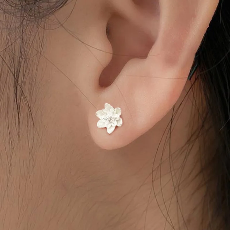 Aretes De Plata De Ley Con Flor De Loto Para Mujeres Adultas Y Adolescentes, Plata De Ley, No Es Una Piedra Preciosa