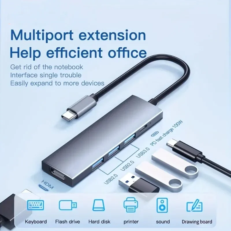 USB Hub Adapter 5 in 1 USB C Hub with 4K HDMI 100W Power Delivery 3 USB-A for MacBook Pro/Air